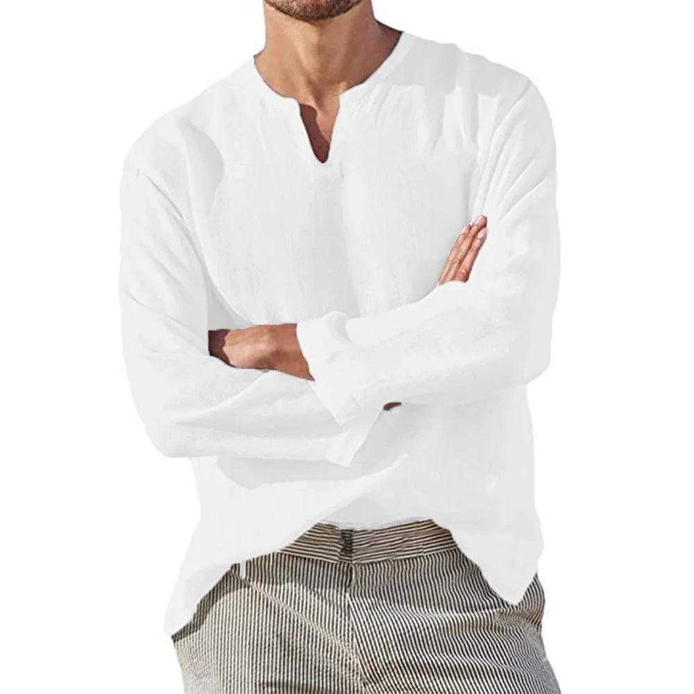 Breezewalk Linen Shirt | Men's V-Neck Long Sleeve Cotton Blend Pullover
