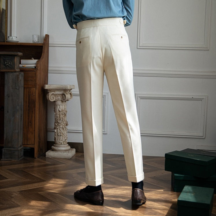 London Wool Blend Textured Double Pleated Trousers