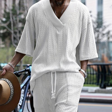Men’s Knitted Co-ord Set – Short Sleeve Top & Shorts - Men Summer essential V-Neck