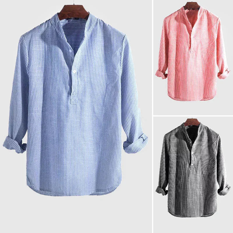 Men’s Long Sleeve Henley Shirt Cotton Linen Blend Striped