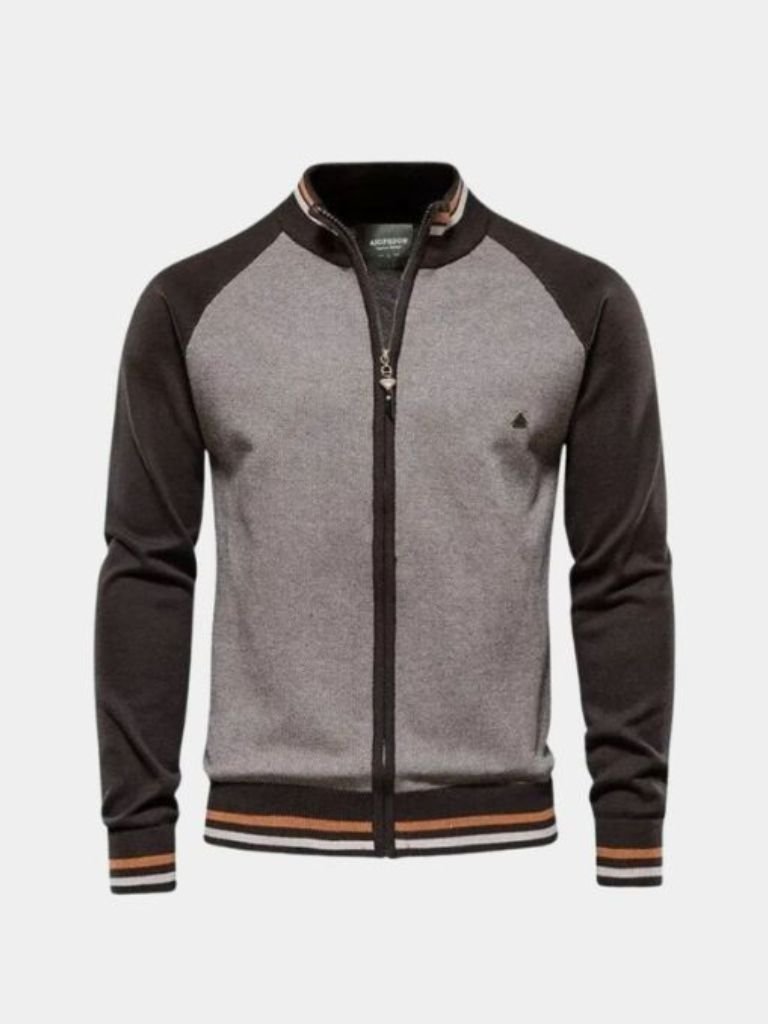 Zipper Color Block Standing Collar Cardigan Sweater