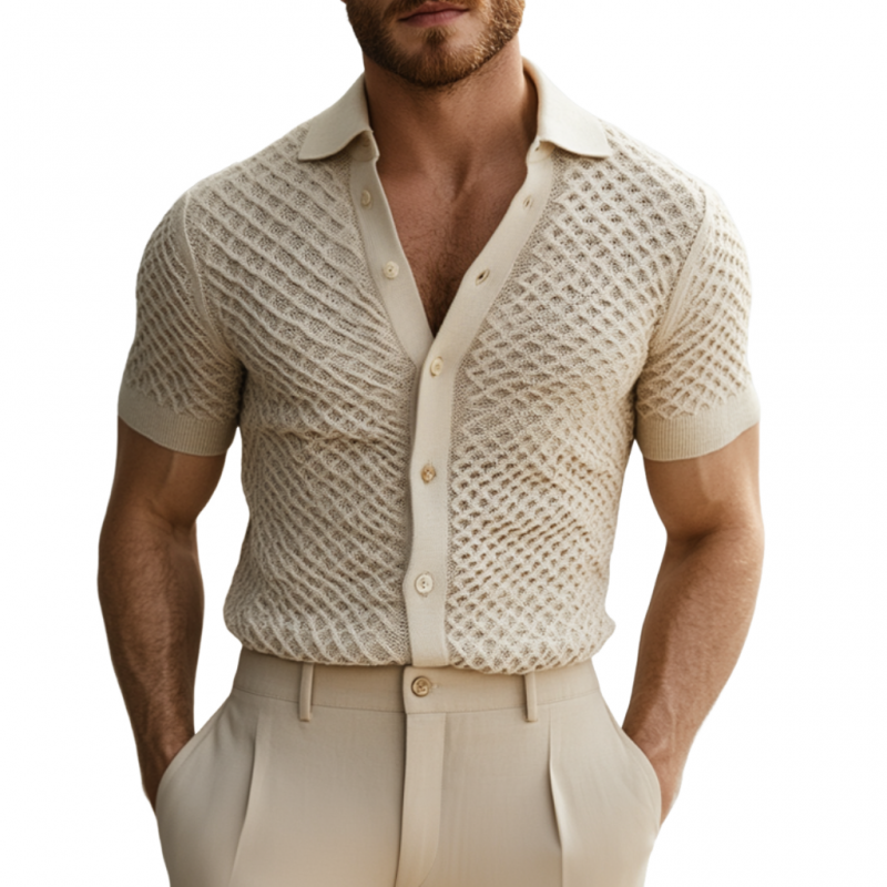 Men's Casual Diamond Check Jacquard Lapel Single-breasted Slim Fit Short-sleeved Sweater T-Shirt