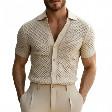 Men's Casual Diamond Check Jacquard Lapel Single-breasted Slim Fit Short-sleeved Sweater T-Shirt