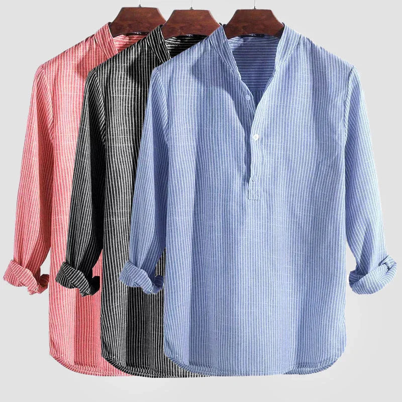 Men’s Long Sleeve Henley Shirt Cotton Linen Blend Striped