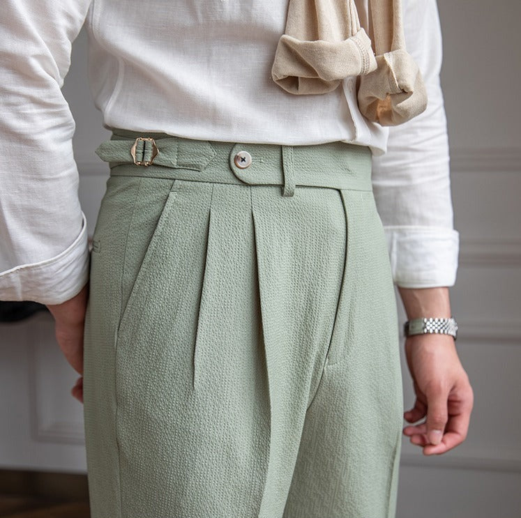 Positano Seersucker Airy Double Pleated Trousers