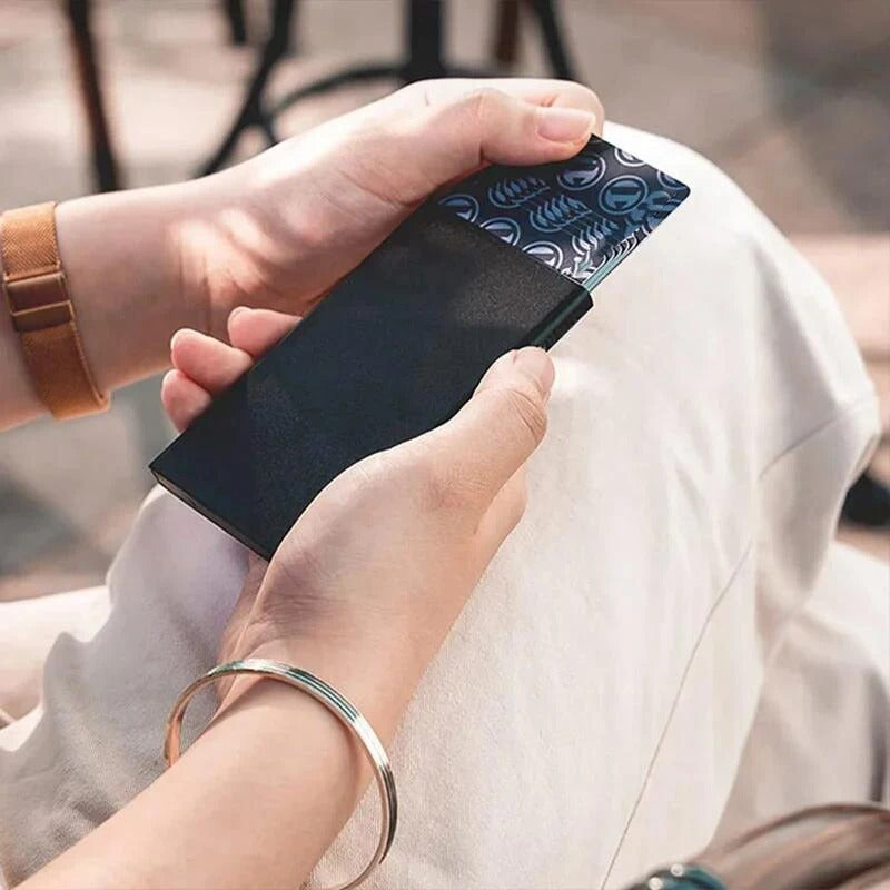 RFID-Blocking Minimalist Metal Wallet with Pop-Up Card Holder for Men and Women - Slim, Secure, and Stylish Black Design