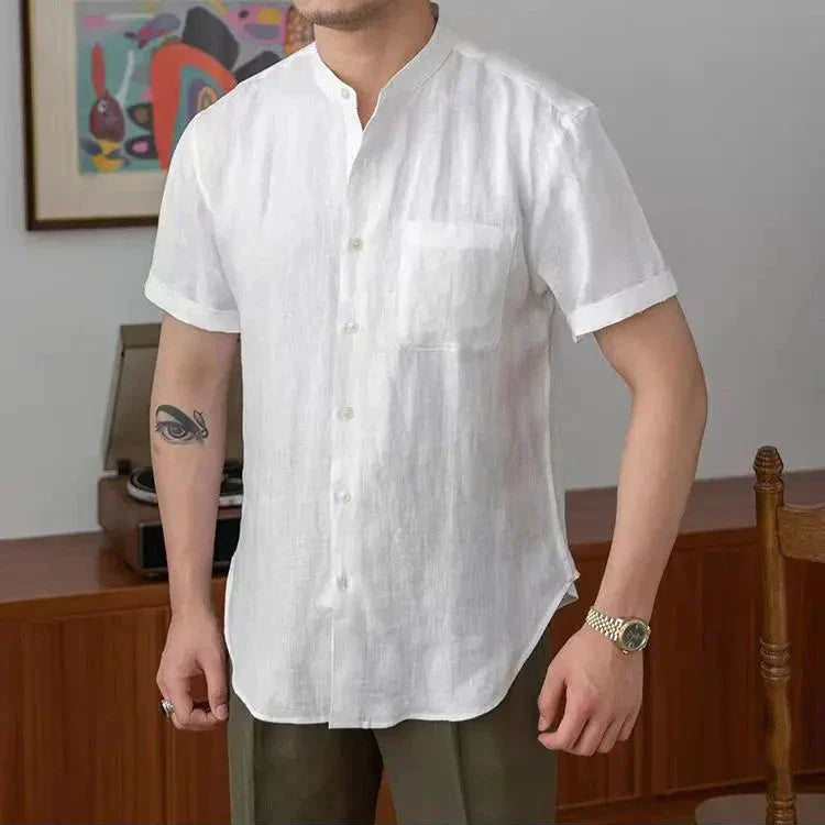 Linen Band-Collar Shirt — Long Sleeve